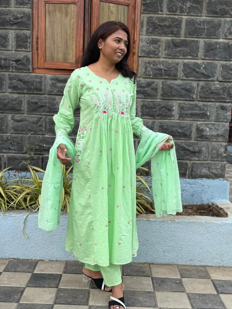 Pista Green color Anarkali suit with embroidery work