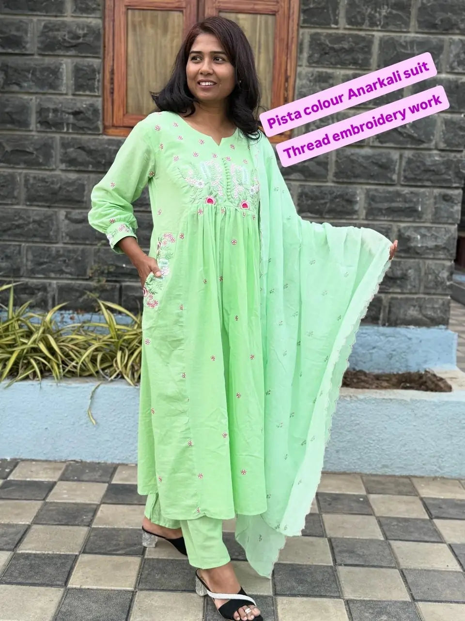 Pista Green color Anarkali suit with embroidery work