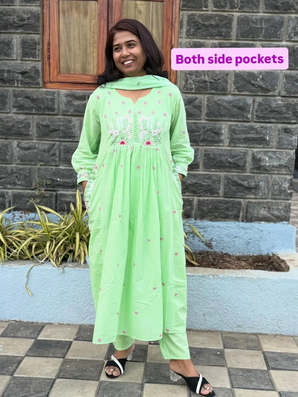 Pista Green color Anarkali suit with embroidery work