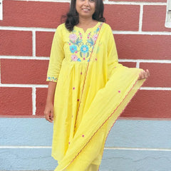 Yellow color A-line kurta set with embriodery