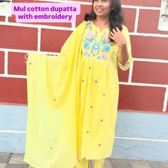 Yellow color A-line kurta set with embriodery