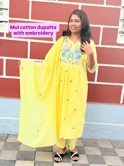 Yellow color A-line kurta set with embriodery