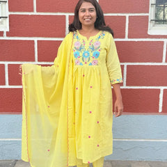 Yellow color A-line kurta set with embriodery
