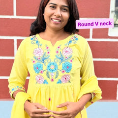 Yellow color A-line kurta set with embriodery