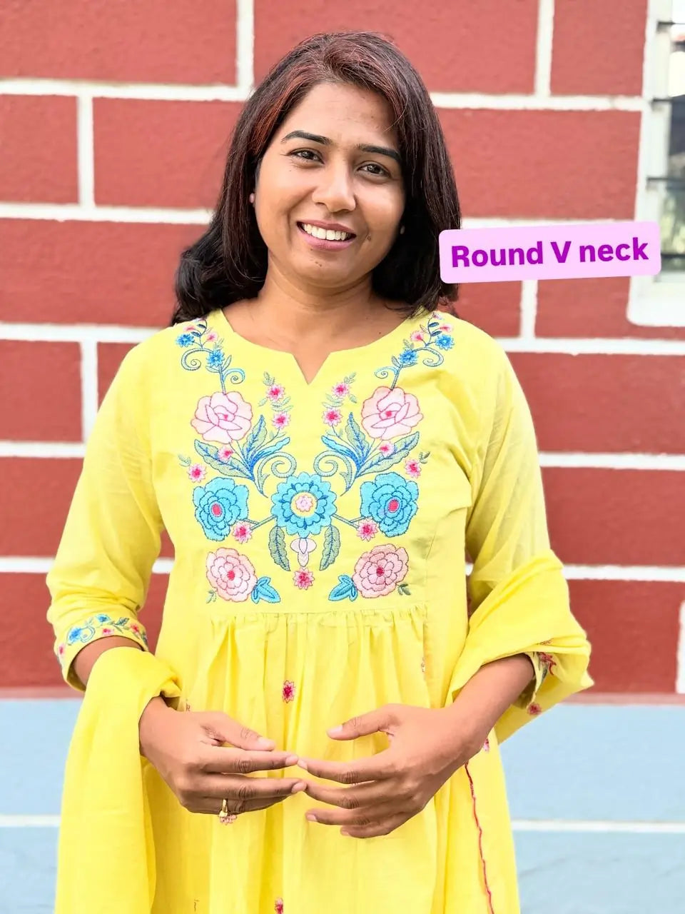 Yellow color A-line kurta set with embriodery