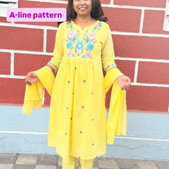 Yellow color A-line kurta set with embriodery