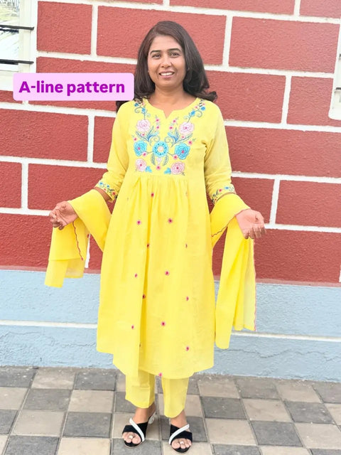 Yellow color A-line kurta set with embriodery