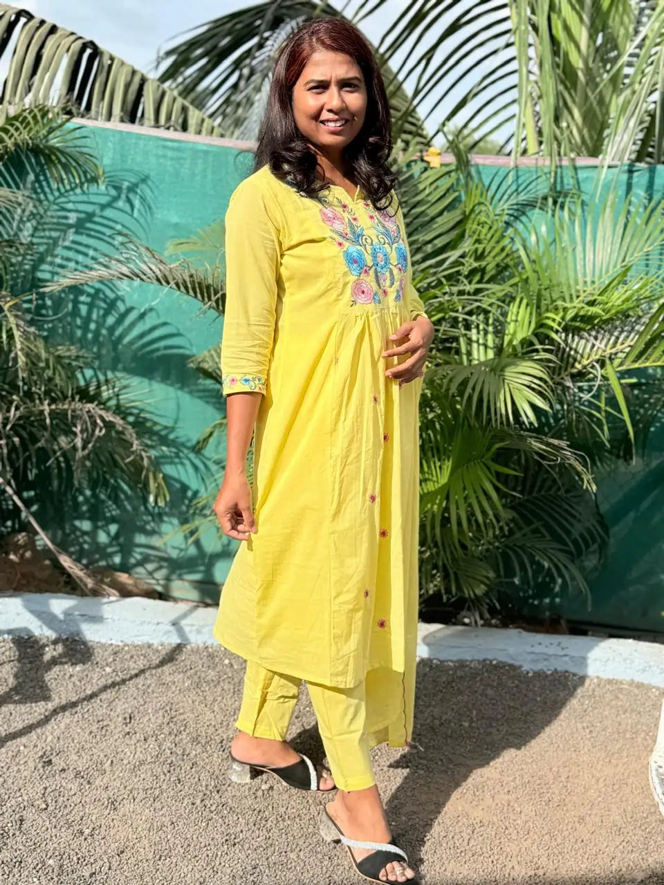 Yellow color A-line kurta set with embriodery