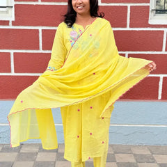 Yellow color A-line kurta set with embriodery