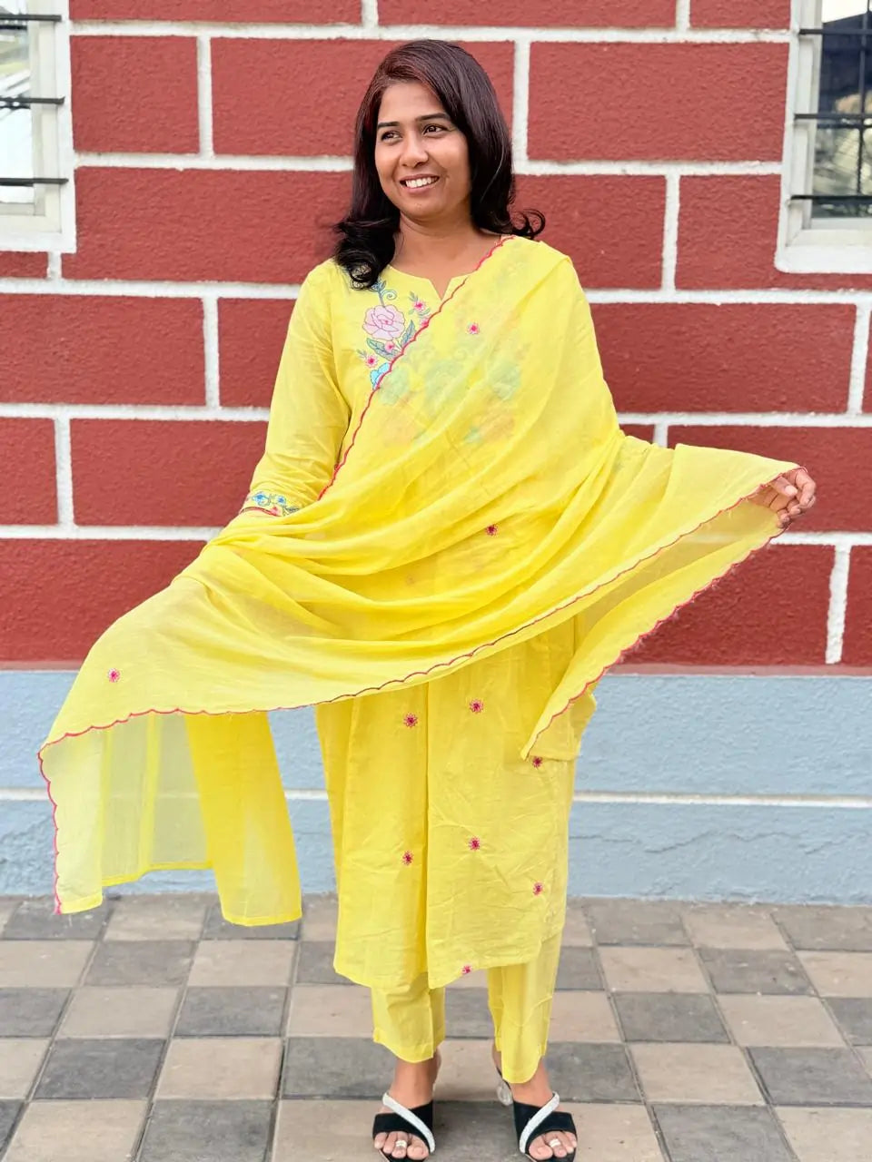 Yellow color A-line kurta set with embriodery