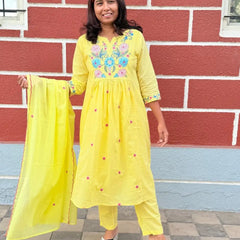 Yellow color A-line kurta set with embriodery