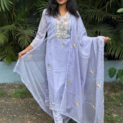 Lavender color straight kurta set with embroidery & handwork