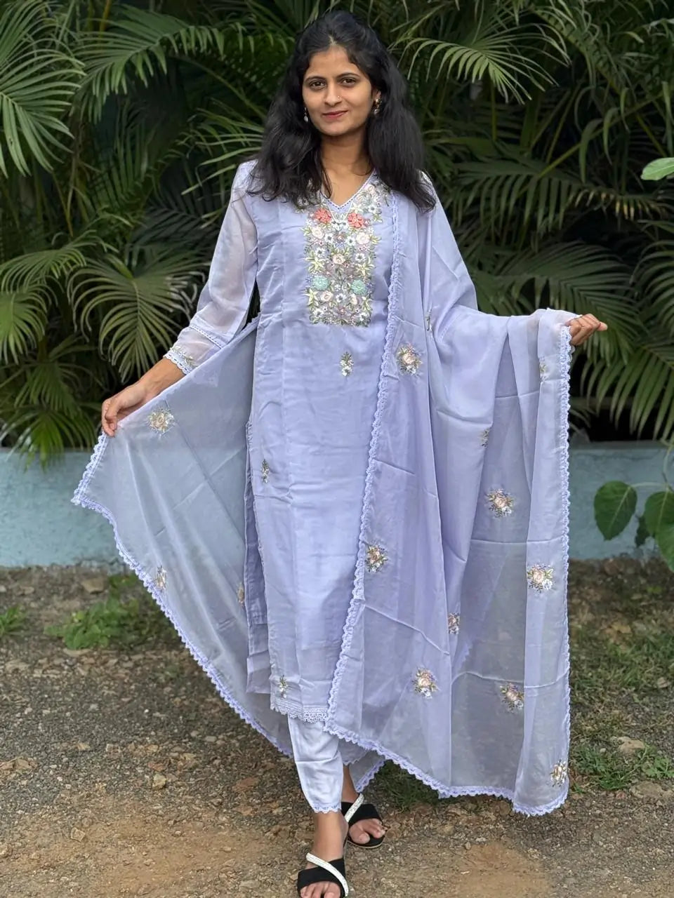 Lavender color straight kurta set with embroidery & handwork