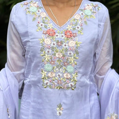 Lavender color straight kurta set with embroidery & handwork