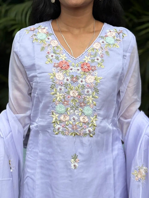 Lavender color straight kurta set with embroidery & handwork