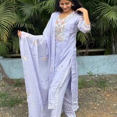 Lavender color straight kurta set with embroidery & handwork