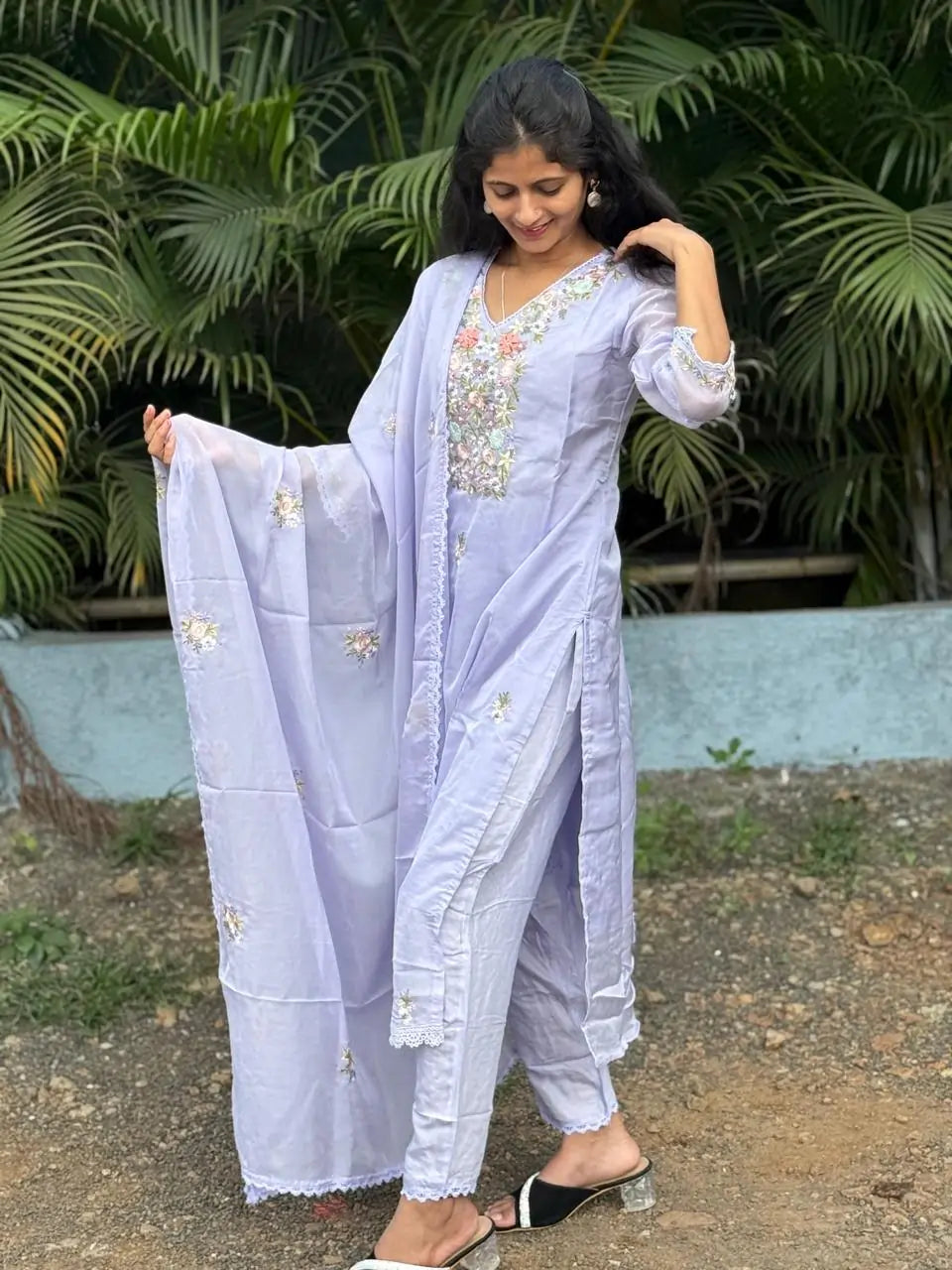 Lavender color straight kurta set with embroidery & handwork