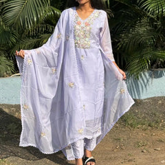 Lavender color straight kurta set with embroidery & handwork