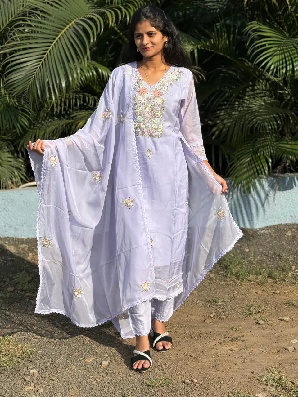 Lavender color straight kurta set with embroidery & handwork