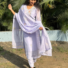 Lavender color straight kurta set with embroidery & handwork
