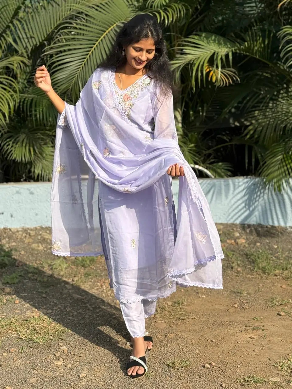 Lavender color straight kurta set with embroidery & handwork