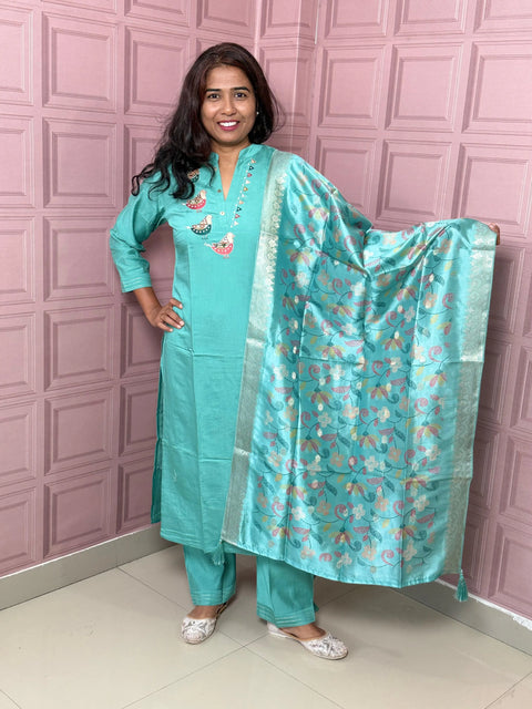 Viscose silk straight kurta set with beautiful bird embroidery