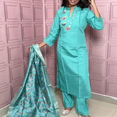 Viscose silk straight kurta set with beautiful bird embroidery