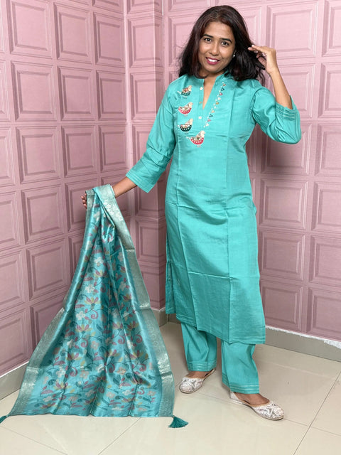 Viscose silk straight kurta set with beautiful bird embroidery