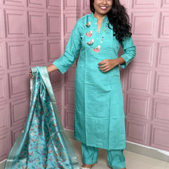 Viscose silk straight kurta set with beautiful bird embroidery