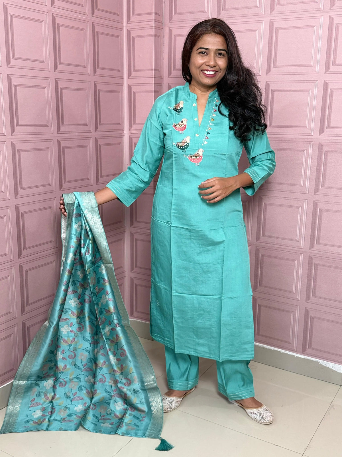 Viscose silk straight kurta set with beautiful bird embroidery