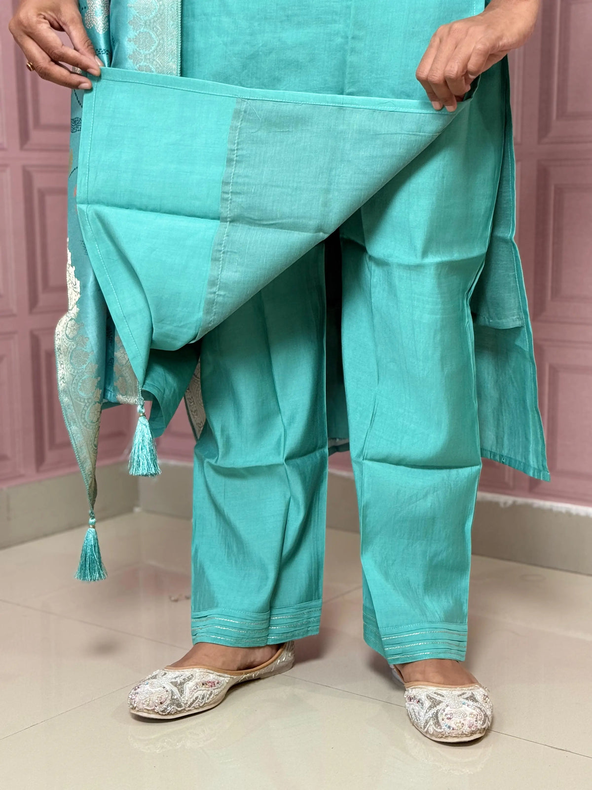 Viscose silk straight kurta set with beautiful bird embroidery