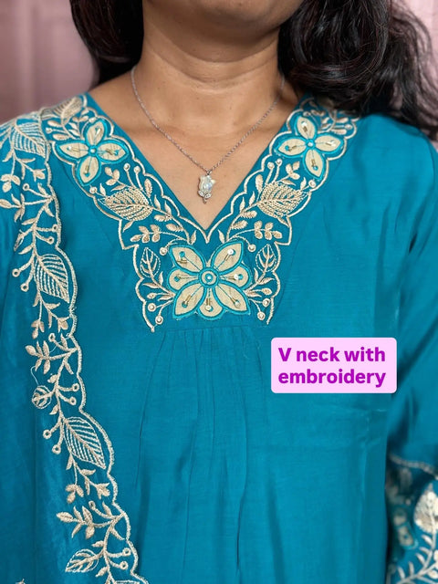 Rama color pure mul chanderi straight kurta set with embriodery