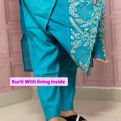 Rama color pure mul chanderi straight kurta set with embriodery