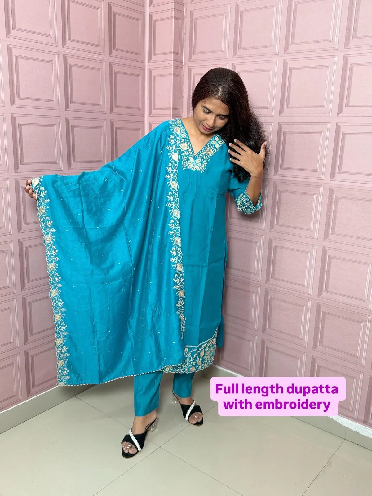 Rama color pure mul chanderi straight kurta set with embriodery