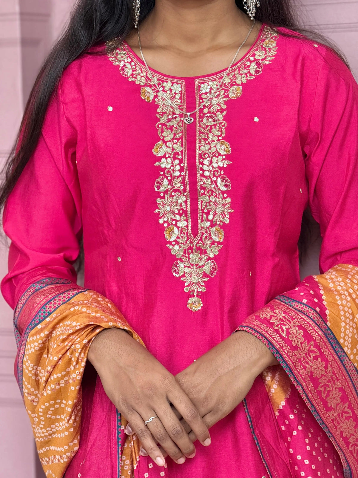 Rani Pink straight kurta set with beautiful embroidery