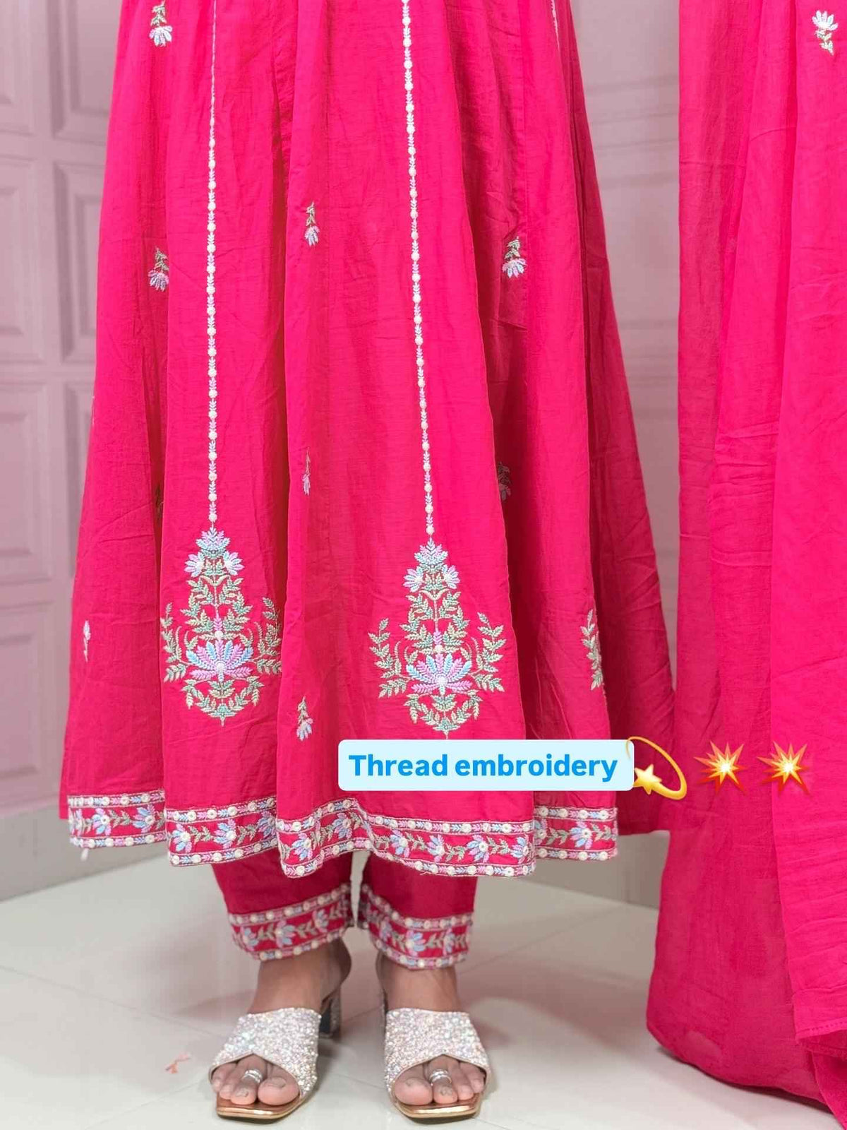 Rani pink premium Mul cotton Anarkali with embroidery