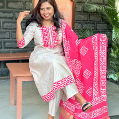 Beige color Anarkali with batik patch with real mirror work with beautiful silk dupatta