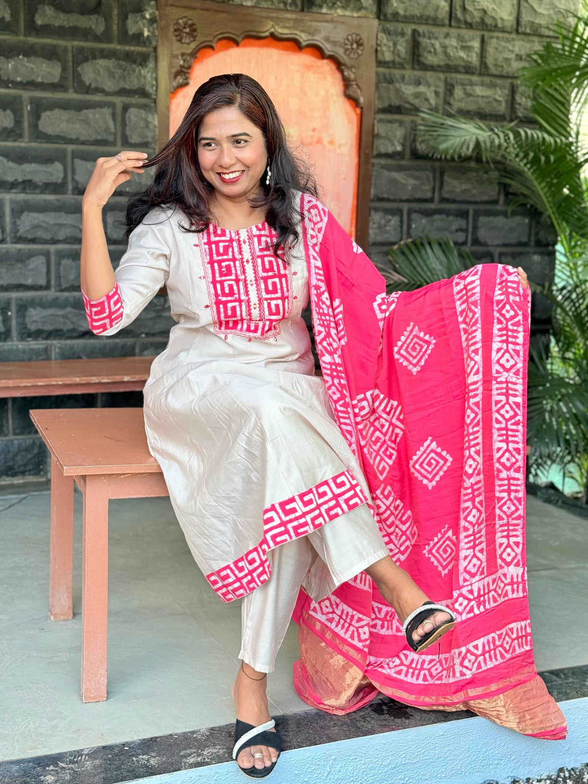 Beige color Anarkali with batik patch with real mirror work with beautiful silk dupatta