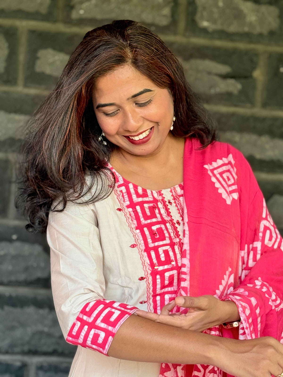 Beige color Anarkali with batik patch with real mirror work with beautiful silk dupatta