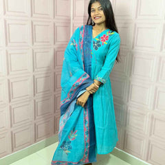 Pure Mul Chanderi Anarkali in sky blue color with embroidery