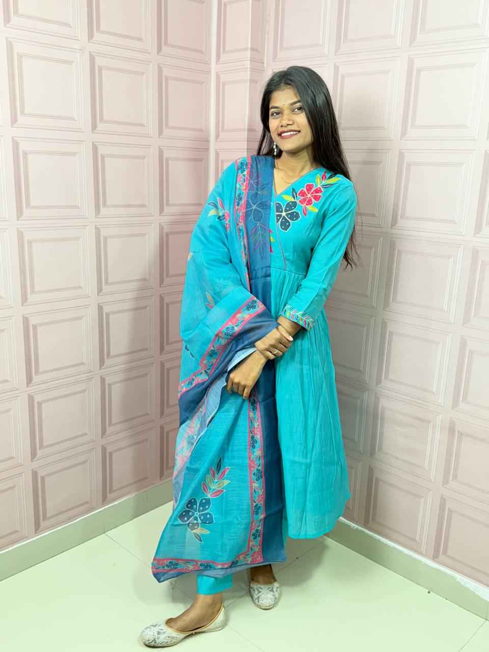Pure Mul Chanderi Anarkali in sky blue color with embroidery