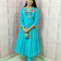Pure Mul Chanderi Anarkali in sky blue color with embroidery