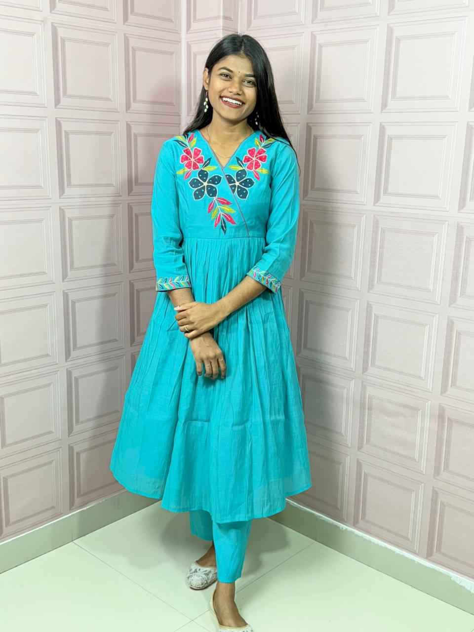 Pure Mul Chanderi Anarkali in sky blue color with embroidery