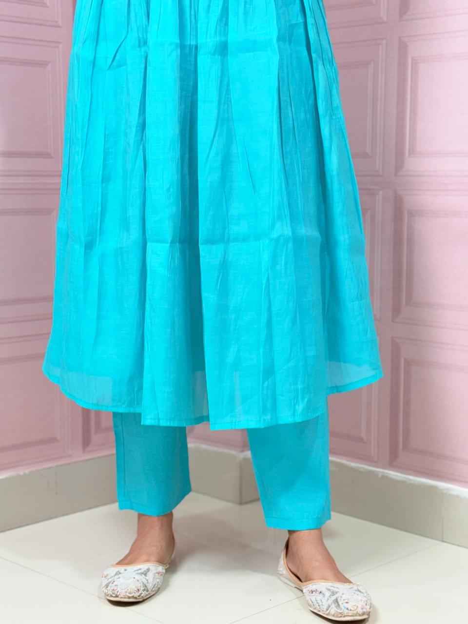 Pure Mul Chanderi Anarkali in sky blue color with embroidery