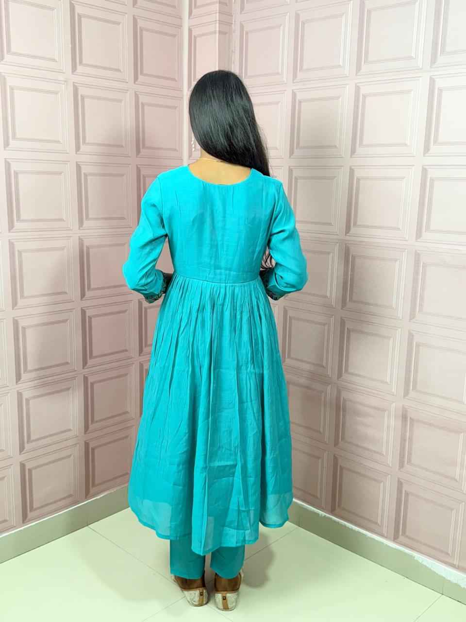Pure Mul Chanderi Anarkali in sky blue color with embroidery