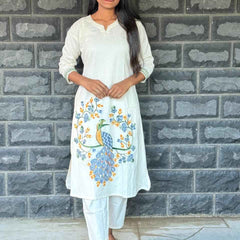 Cotton flex Co-ord set with Peacock embroidery