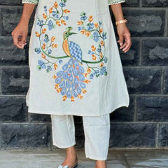 Cotton flex Co-ord set with Peacock embroidery