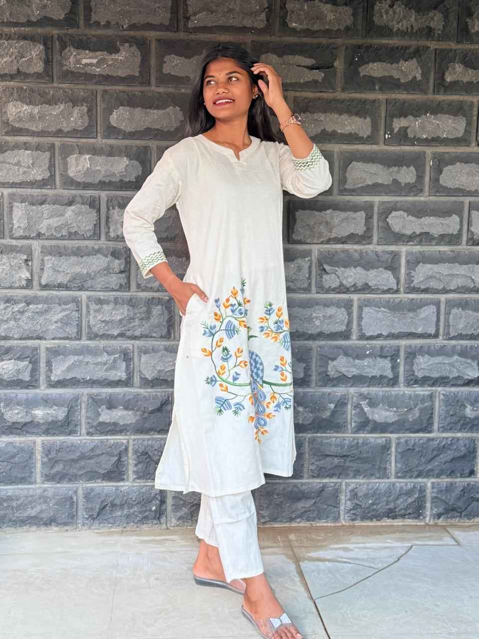 Cotton flex Co-ord set with Peacock embroidery