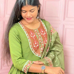 Green  Pure mul chanderi Anarkali with embroidery work