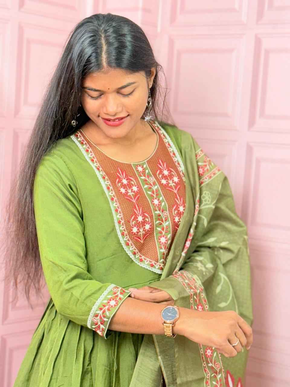 Green  Pure mul chanderi Anarkali with embroidery work